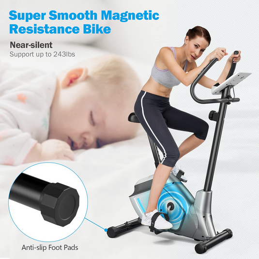 Goplus Magnetic Stationary Upright Exercise Bike, Indoor Cycling Bike w/ 8-level Resistances - GoplusUS