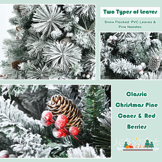 Goplus Snow Flocked Christmas Tree, Artificial Hinged Xmas Pine Tree,Pine Cone & Red Berries - GoplusUS