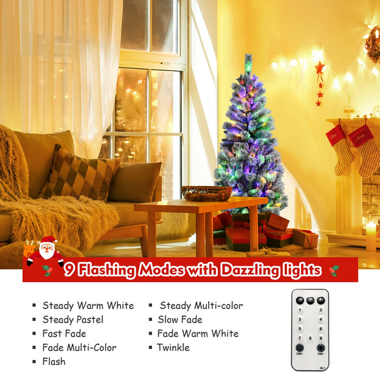 Goplus 5ft Pre-lit Snow Flocked Christmas Tree, Premium Hinged Artificial Pine Tree w/ 9 Lighting Modes & 140 Color Changing LED Lights - GoplusUS