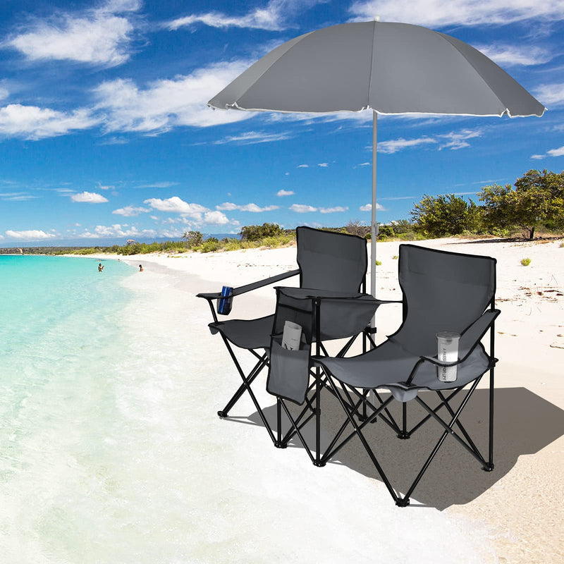 Load image into Gallery viewer, Double Folding Picnic Chairs Umbrella Mini Table Beverage Holder Carrying Bag - GoplusUS
