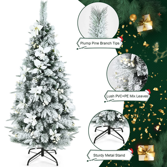 Goplus Snow Flocked Pencil Christmas Tree, Hinged Artificial Skinny Xmas Tree with White Berries - GoplusUS