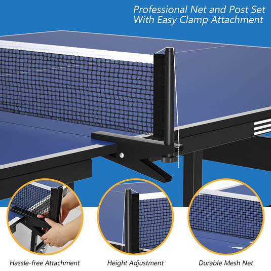 Goplus Foldable Table Tennis Table, 9'x5' Professional Ping Pong Table with Quick Clamp Net & Post Set & Wheels - GoplusUS