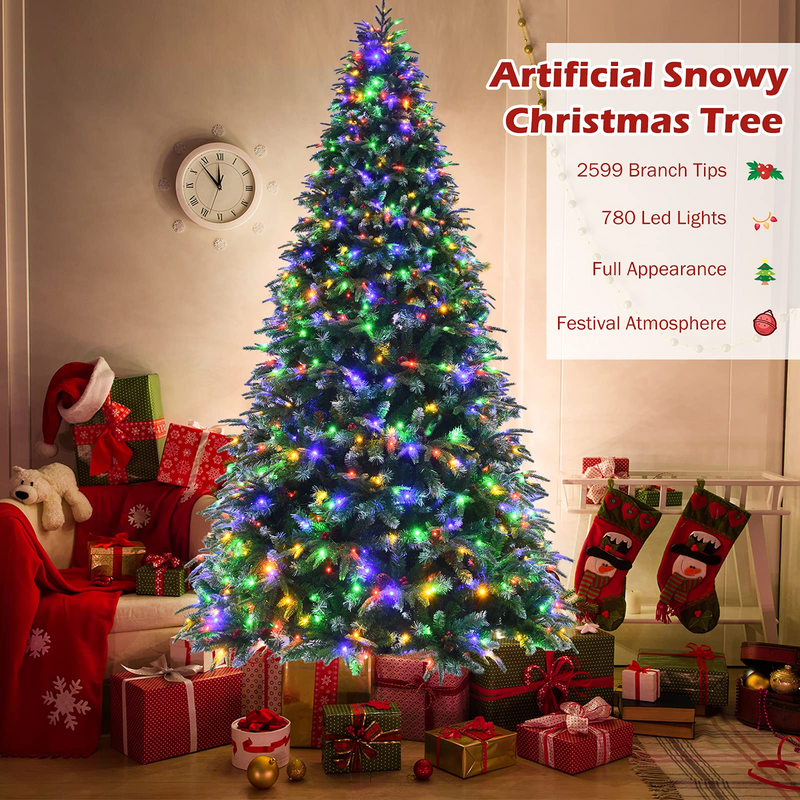 Load image into Gallery viewer, Goplus 8FT Pre-Lit Artificial Christmas Tree, Hinged Realistic Snowy Xmas Pine Tree W/ 780 Color Changing LED Lights, 11 Flash Modes - GoplusUS
