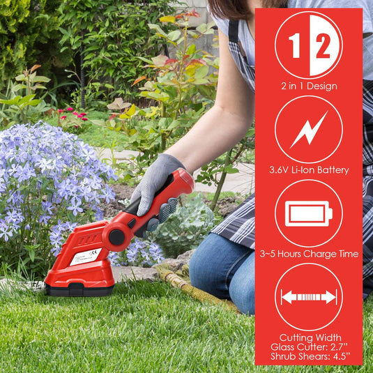 2 in 1 Cordless Grass Shear + Hedge Trimmer w/ 3.6V Rechargeable Battery - GoplusUS