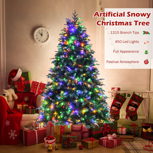 Goplus 7FT Pre-Lit Artificial Christmas Tree, Hinged Realistic Snowy Xmas Pine Tree W/ 450 Color Changing LED Lights, 11 Flash Modes - GoplusUS