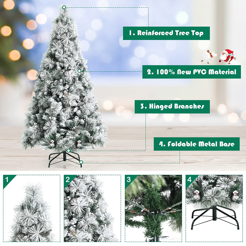 Load image into Gallery viewer, Goplus Snow Flocked Christmas Tree, Artificial Hinged Xmas Pine Tree,Pine Cone &amp; Red Berries - GoplusUS
