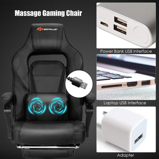 Massage Gaming Chair, Seat Height Adjustment Racing Computer Office Chair - GoplusUS