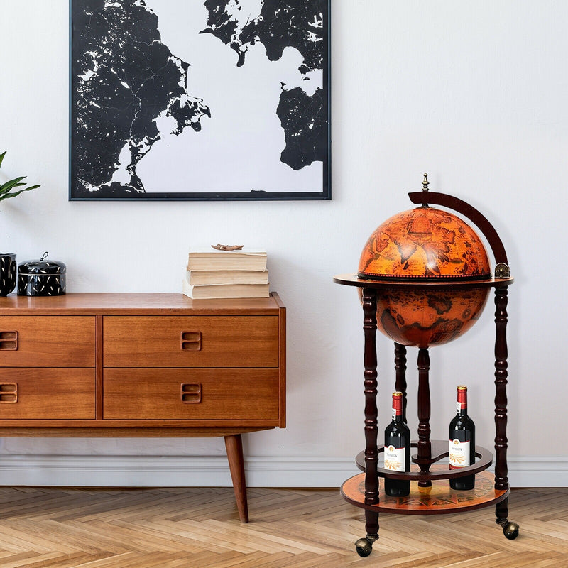 Load image into Gallery viewer, 17&quot; Wood Globe Wine Bar Stand 16th Century Italian Rack Liquor Bottle Shelf with Wheels - GoplusUS
