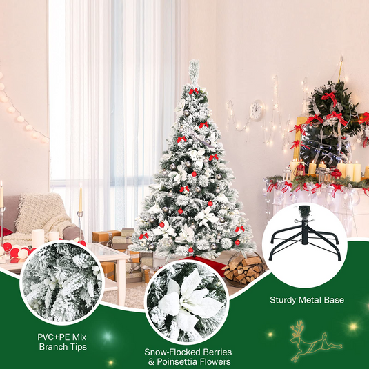 Goplus Snow Flocked Artificial Christmas Tree, Hinged Xmas Tree w/ Folding Metal Stand, Office, Party, Wedding - GoplusUS