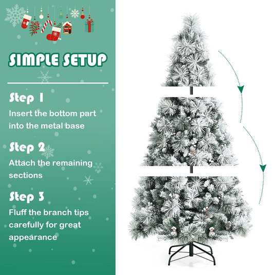Goplus Snow Flocked Christmas Tree, Artificial Hinged Xmas Pine Tree,Pine Cone & Red Berries - GoplusUS