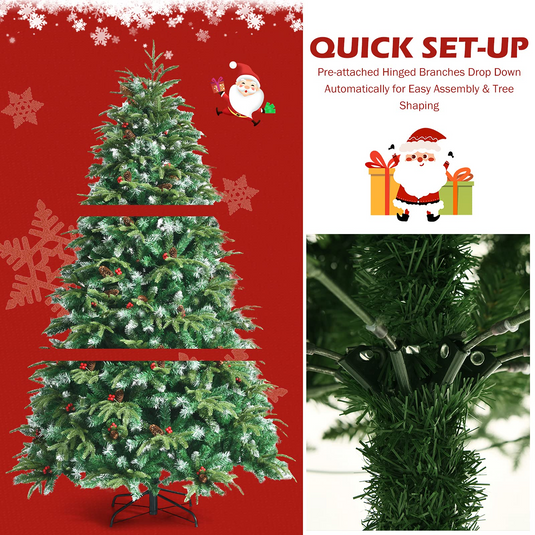 Goplus 7FT Pre-Lit Artificial Christmas Tree, Hinged Realistic Snowy Xmas Pine Tree W/ 450 Color Changing LED Lights, 11 Flash Modes - GoplusUS