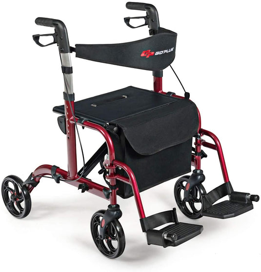 2 in 1 Folding Rollator Walker, 4 Wheel Medical Rolling Walker - GoplusUS