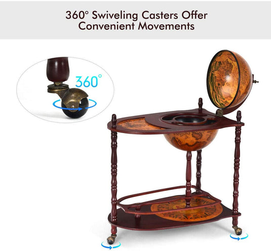 34" Wood Globe Wine Bar Stand 16th Century Italian Rack Bigger Shelf for More Liquor Bottle - GoplusUS