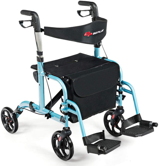 2 in 1 Folding Rollator Walker, 4 Wheel Medical Rolling Walker - GoplusUS