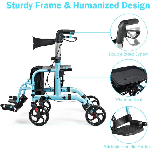 2 in 1 Folding Rollator Walker, 4 Wheel Medical Rolling Walker - GoplusUS