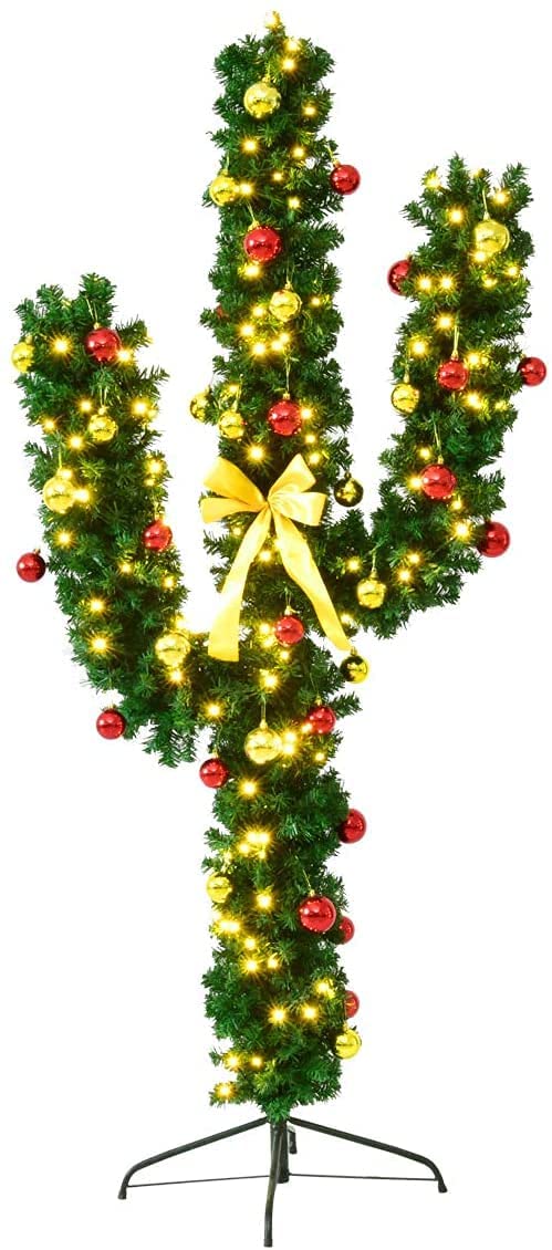 Pre-Lit Artificial Cactus Christmas Tree with LED Lights and Ball Ornaments -  Goplus