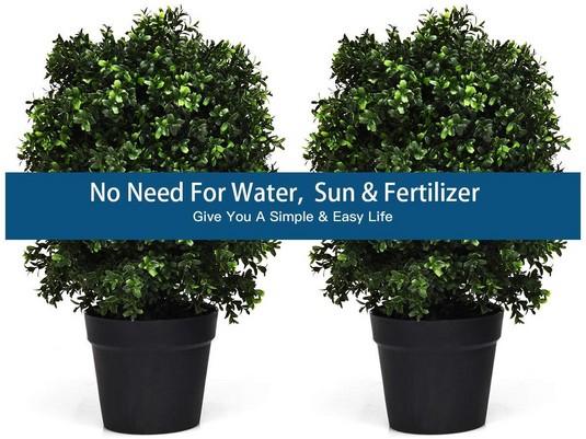 Goplus 2 Pack 2Ft Artificial Boxwood Topiary Ball Tree, UV-Proof Realistic Leaves & Cement-Filled Pot - GoplusUS