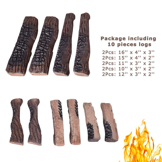 Ceramic Wood Gas Fireplace Log Set for Ventless (9 PCS/10 PCS) - GoplusUS