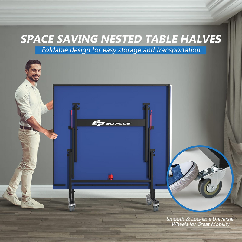 Load image into Gallery viewer, Goplus Foldable Table Tennis Table, 9&#39;x5&#39; Professional Ping Pong Table with Quick Clamp Net &amp; Post Set &amp; Wheels - GoplusUS
