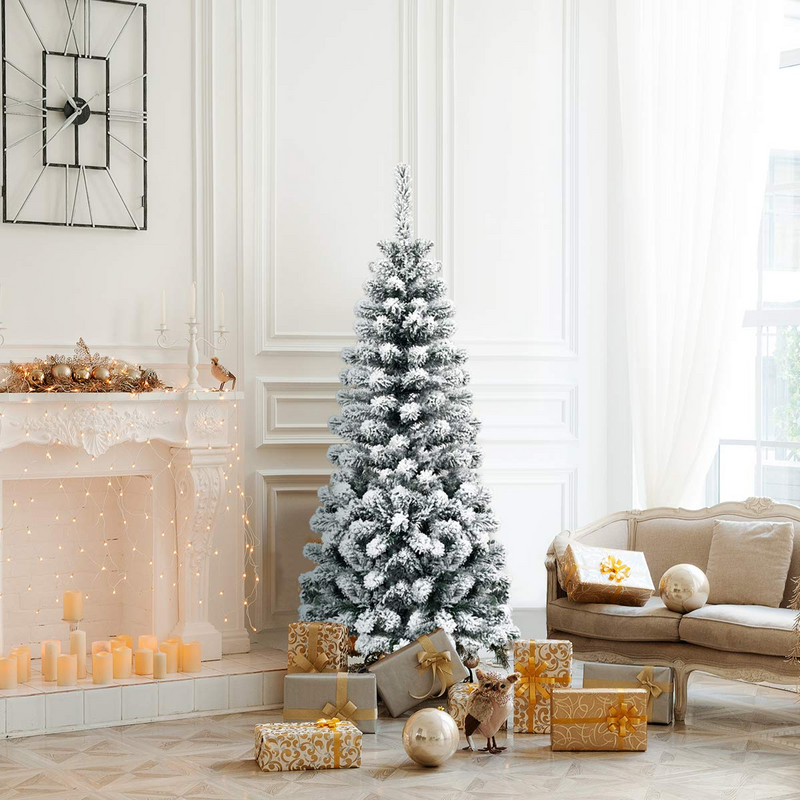 Load image into Gallery viewer, Goplus Artificial Snow Flocked Christmas Tree, Slim Xmas Snowy Tree for Indoor and Outdoor Use - GoplusUS
