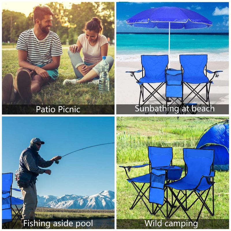 Load image into Gallery viewer, Double Folding Picnic Chairs Umbrella Mini Table Beverage Holder Carrying Bag - GoplusUS

