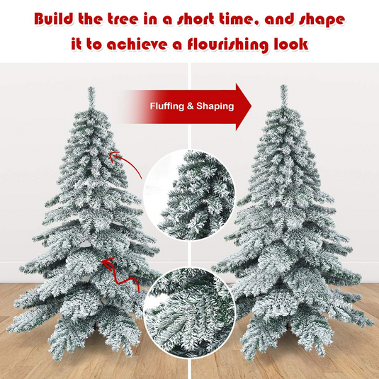 Goplus Snow Flocked Artificial Christmas Tree, Hinged Alaskan Pine Tree with Metal Stand, 100% New PVC Material - GoplusUS