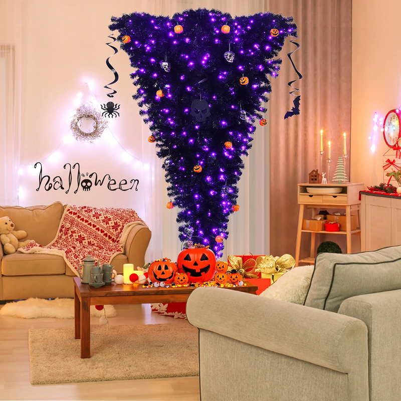 Load image into Gallery viewer, Goplus Pre-lit Black Halloween Tree, Artificial Upside Down Christmas Tree, Hinged Inverted Xmas Pine Tree - GoplusUS

