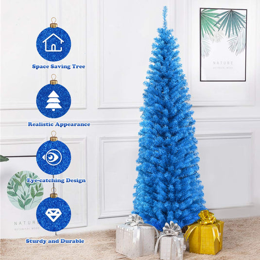 6ft Blue Pencil Christmas Tree, Artificial Slim Tree - GoplusUS