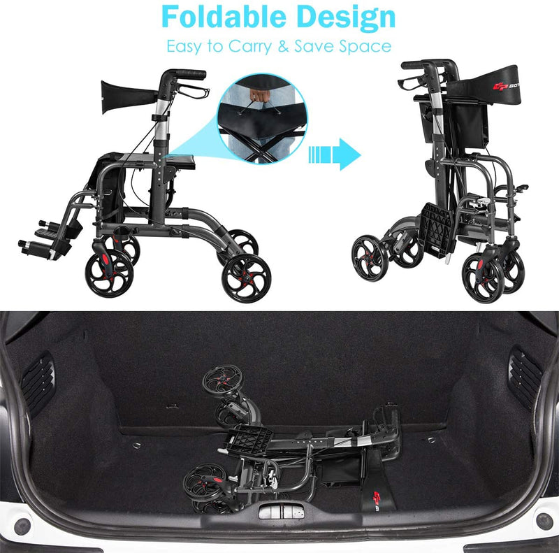 Load image into Gallery viewer, 2 in 1 Folding Rollator Walker, 4 Wheel Medical Rolling Walker - GoplusUS
