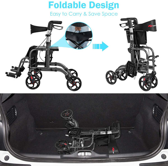 2 in 1 Folding Rollator Walker, 4 Wheel Medical Rolling Walker - GoplusUS