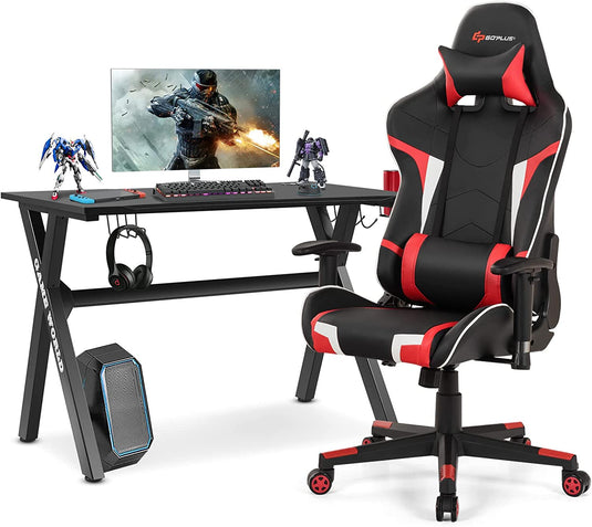 Goplus Gaming Desk & Chair Combo Set, Racing Style X Shaped E-Sport Gamer Desk & PVC Computer Chair - GoplusUS