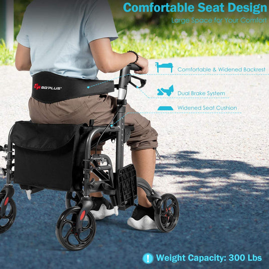 2 in 1 Folding Rollator Walker, 4 Wheel Medical Rolling Walker - GoplusUS