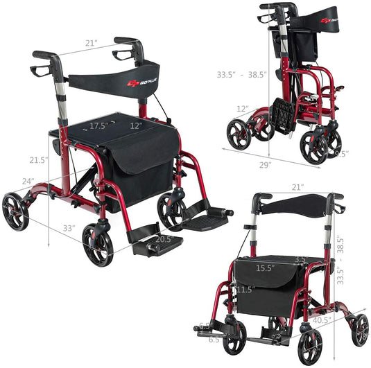 2 in 1 Folding Rollator Walker, 4 Wheel Medical Rolling Walker - GoplusUS