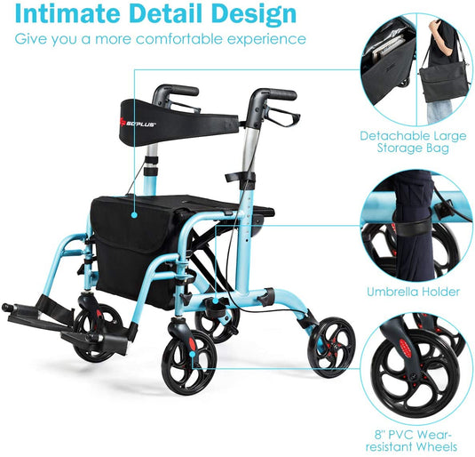 2 in 1 Folding Rollator Walker, 4 Wheel Medical Rolling Walker - GoplusUS