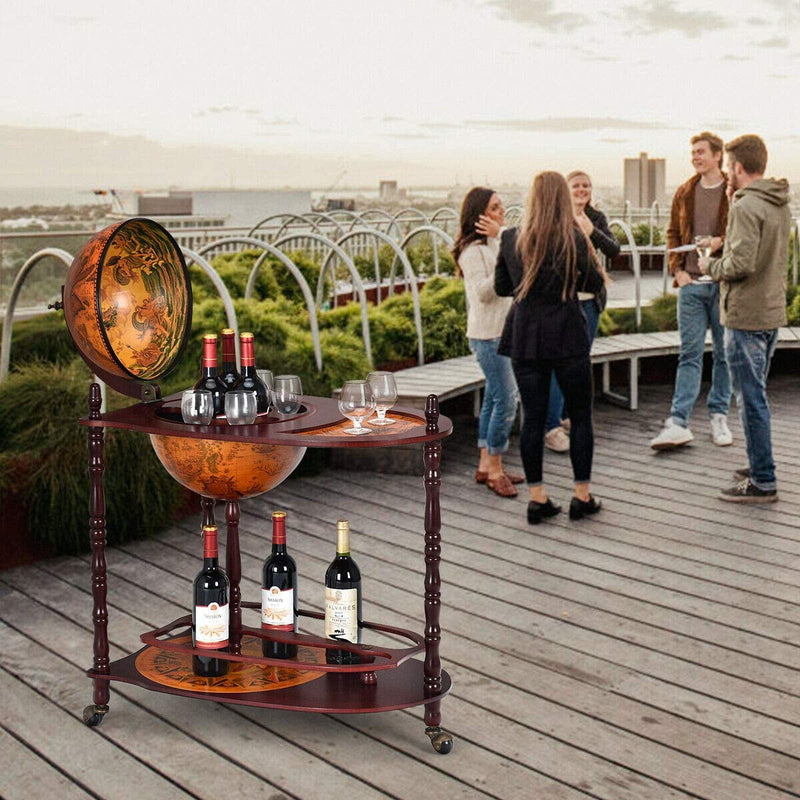 Load image into Gallery viewer, 34&quot; Wood Globe Wine Bar Stand 16th Century Italian Rack Bigger Shelf for More Liquor Bottle - GoplusUS

