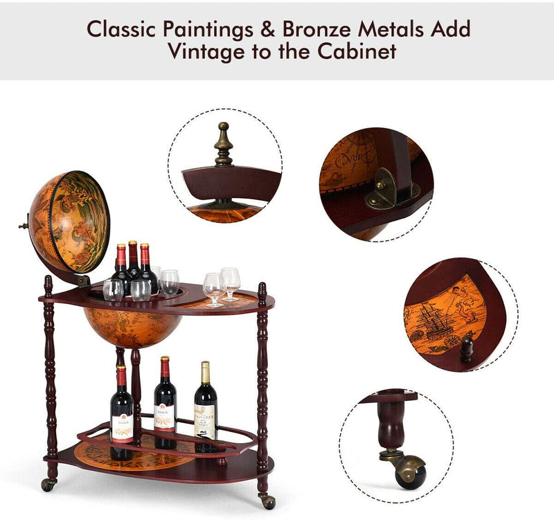 Load image into Gallery viewer, 34&quot; Wood Globe Wine Bar Stand 16th Century Italian Rack Bigger Shelf for More Liquor Bottle - GoplusUS
