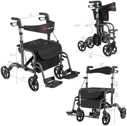2 in 1 Folding Rollator Walker, 4 Wheel Medical Rolling Walker - GoplusUS