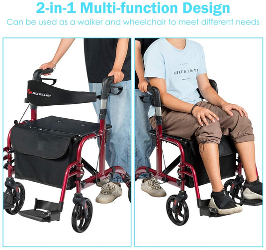 2 in 1 Folding Rollator Walker, 4 Wheel Medical Rolling Walker - GoplusUS