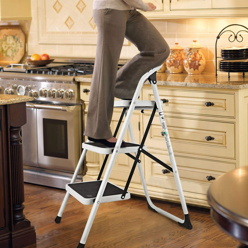 Load image into Gallery viewer, Goplus 3 Step Ladder, Folding Heavy Duty Step Stool Lightweight Steel Ladder, 340lbs Capacity (Black) - GoplusUS
