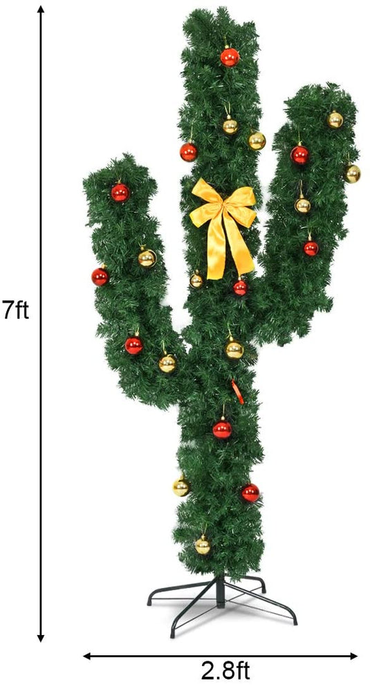 Pre-Lit Artificial Cactus Christmas Tree with LED Lights and Ball Ornaments -  Goplus