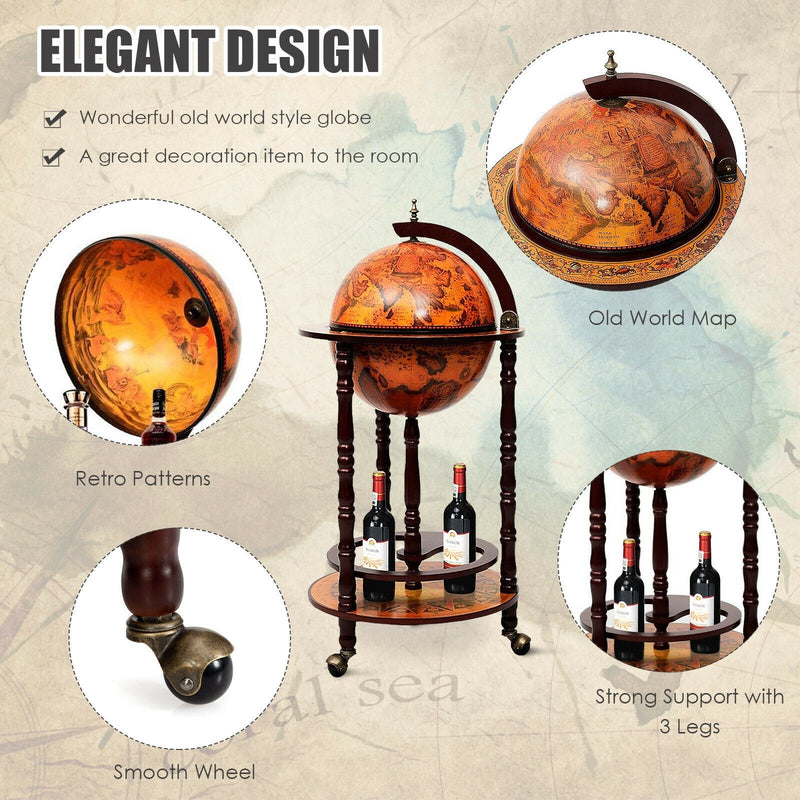 Load image into Gallery viewer, 17&quot; Wood Globe Wine Bar Stand 16th Century Italian Rack Liquor Bottle Shelf with Wheels - GoplusUS

