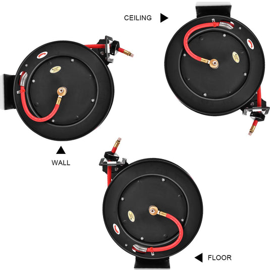 Retractable Air Hose Reel, 3/8" Inch x 50' Ft Wall Mount Auto Rewind Hose-Reel