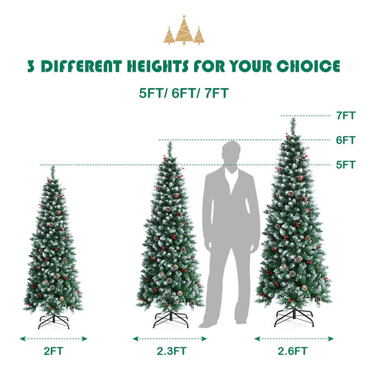 5ft Pre-lit Pencil Christmas Tree, Snow Flocked Artificial Hinged Xmas Tree - GoplusUS