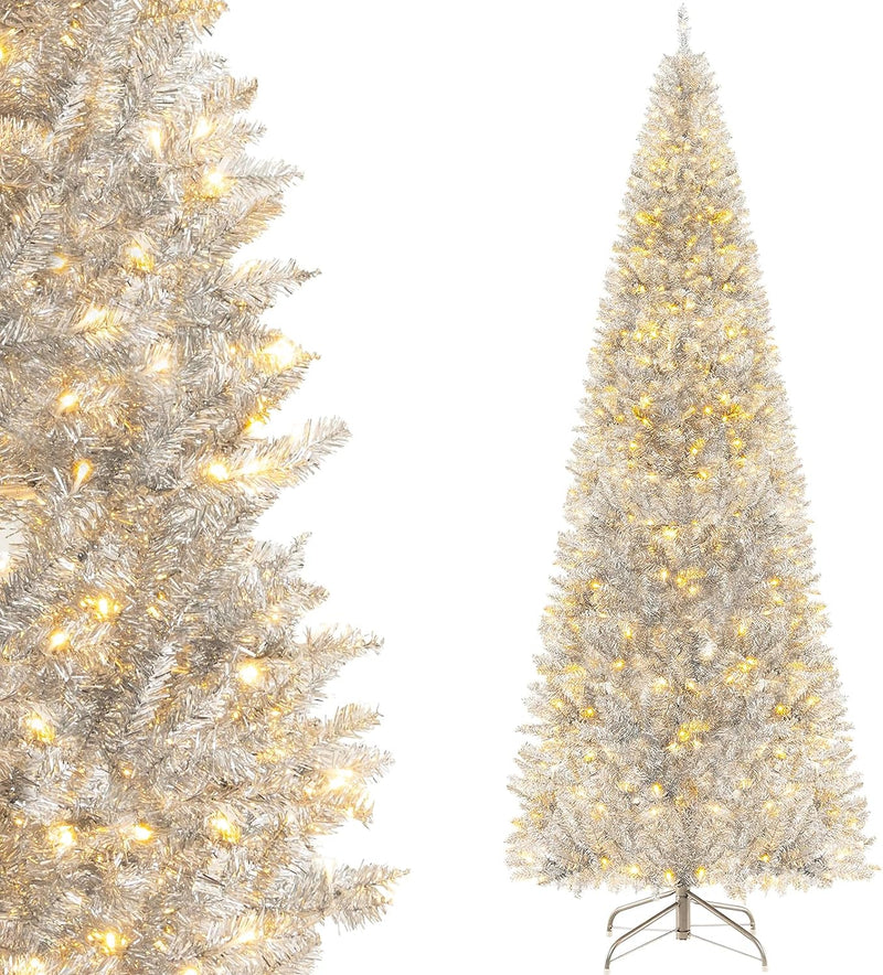 Load image into Gallery viewer, Goplus 6ft Pre-lit Silver Pencil Christmas Tree, Artificial Tinsel Electroplated Tree, Decor for Home

