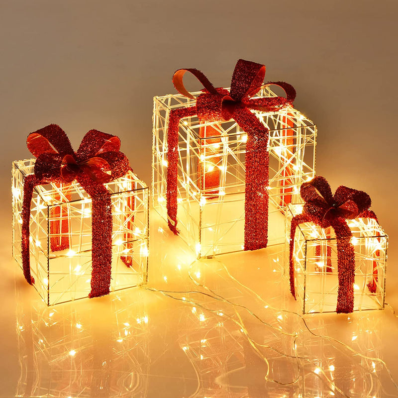 Load image into Gallery viewer, Lighted Gift Boxes Christmas Decoration, Set of 3 White Present Ornament Boxes with 60 LED Lights - GoplusUS
