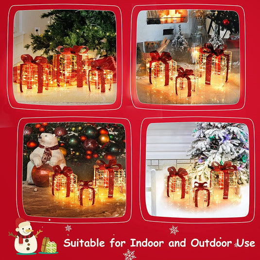 Lighted Gift Boxes Christmas Decoration, Set of 3 White Present Ornament Boxes with 60 LED Lights - GoplusUS