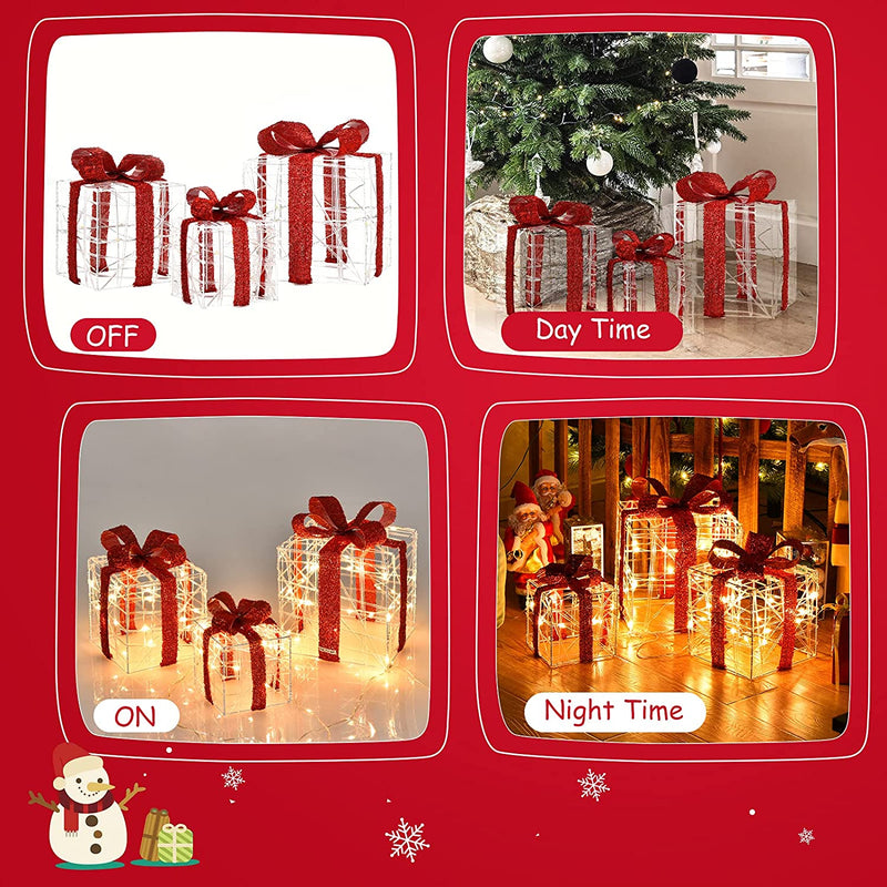 Load image into Gallery viewer, Lighted Gift Boxes Christmas Decoration, Set of 3 White Present Ornament Boxes with 60 LED Lights - GoplusUS
