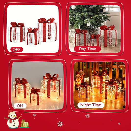 Lighted Gift Boxes Christmas Decoration, Set of 3 White Present Ornament Boxes with 60 LED Lights - GoplusUS