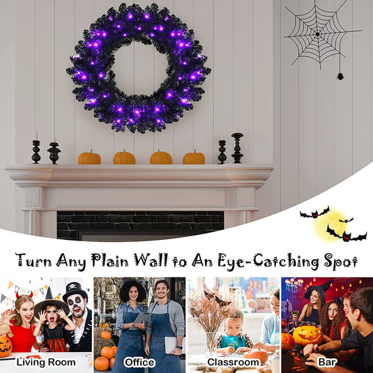 24' Black Halloween Wreath, Pre-lit Artificial Christmas Wreath - GoplusUS