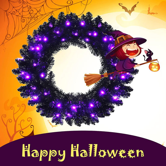 24' Black Halloween Wreath, Pre-lit Artificial Christmas Wreath - GoplusUS
